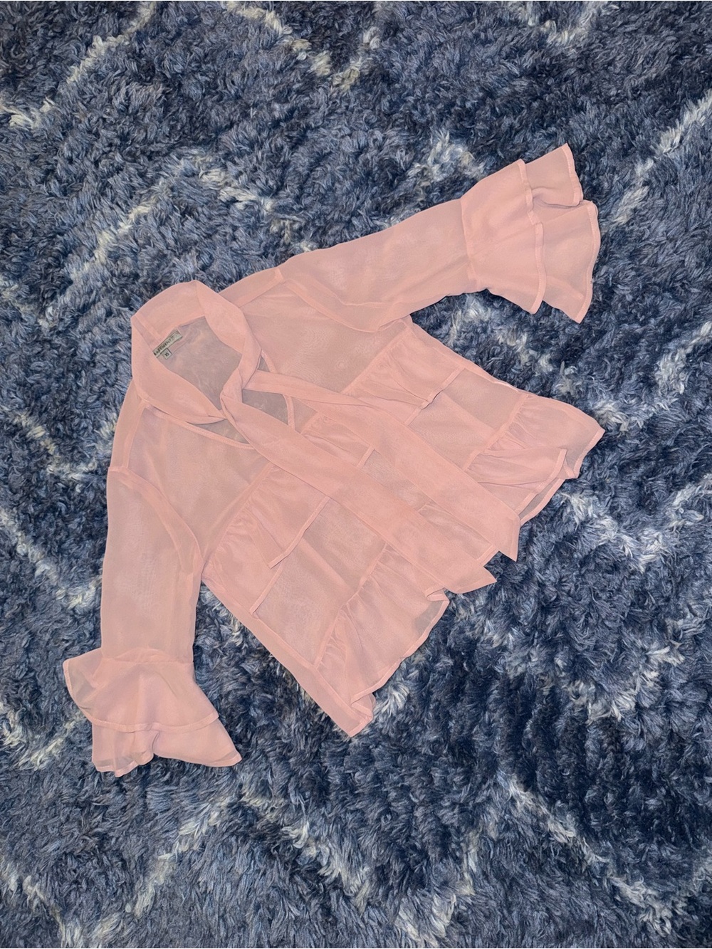 Sheer Pink Ruffle Tie-Neck Blouse